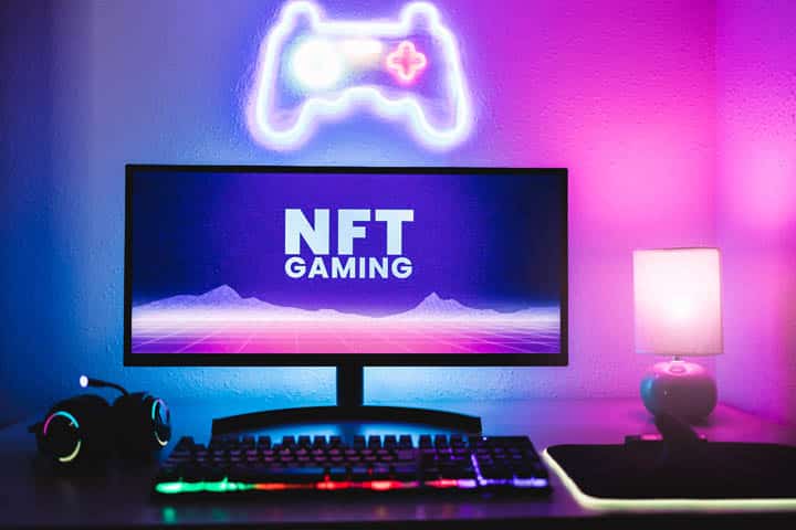 metaverse and blockchain technology concept gaming room displaying nft marketplace on computer screen focus on monitor